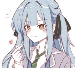  1girl bang_dream! bang_dream!_it's_mygo!!!!! black_ribbon blue_hair chain's closed_mouth commentary diagonal-striped_clothes diagonal-striped_necktie english_commentary finger_heart green_necktie grey_jacket hair_ribbon haneoka_school_uniform heart highres jacket long_hair long_sleeves multicolored_hair necktie ribbon school_uniform shirt sidelocks simple_background solo striped_clothes striped_necktie togawa_sakiko two-tone_hair white_background white_shirt yellow_eyes 