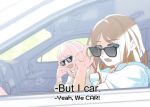  2girls bang_dream! bang_dream!_it's_mygo!!!!! blue_shirt brown_hair chihaya_anon commentary doumucchi english_commentary english_text highres long_hair long_sleeves multiple_girls nagasaki_soyo open_mouth pink_hair pixel_sunglasses shirt sunglasses white_shirt 