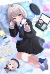  1girl absurdres black_skirt blue_bow blue_bowtie blue_socks blunt_bangs blush bow bowtie cellphone character_doll closed_mouth commentary_request doll earphones grey_hair hat highres kanti15 long_sleeves looking_at_viewer lying musical_note on_side phone pillow pinstripe_jacket pinstripe_pattern pinstripe_shirt pleated_skirt pom_pom_(clothes) pom_pom_brooch red_eyes sheet_music shirt short_hair side_part skirt smartphone smile socks solo star_(symbol) striped_clothes tablet_pc ui_(voisona) vertical-striped_clothes virtual_youtuber voisona 
