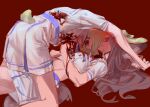  2girls absurdres all_fours animal_ears ave_mujica_(bang_dream!) bang_dream! bang_dream!_it's_mygo!!!!! blood blood_from_mouth blood_on_clothes blood_on_face commentary_request dagger guro highres holding holding_dagger holding_knife holding_weapon injury invisible_floor knife midriff multiple_girls nagasaki_soyo rabbit_ears rabbit_girl rabbit_tail red_background shirt simple_background skirt stab tail wakaba_mutsumi weapon white_shirt white_skirt yuan_shuang 