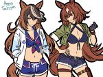  2girls aggytachyon agnes_tachyon_(lunatic_lab)_(umamusume) agnes_tachyon_(umamusume) agnes_tachyon_(umamusume)_(cosplay) alternate_costume artist_name belt bikini black_belt black_bikini black_gloves blue_shorts breasts cheval_grand_(summer_calm_navy_drop)_(umamusume) cheval_grand_(umamusume) cheval_grand_(umamusume)_(cosplay) cleavage clenched_hand commentary contrapposto cosplay cowboy_shot criss-cross_halter cutoffs english_commentary front-tie_bikini_top front-tie_top gloves green_jacket hair_between_eyes halterneck hand_on_own_hip hands_in_pockets highres jacket large_breasts long_hair long_sleeves multicolored_hair multiple_girls open_clothes open_jacket purple_eyes red_eyes shorts simple_background single_glove sirius_symboli_(umamusume) streaked_hair swimsuit symboli_rudolf_(umamusume) thigh_strap umamusume very_long_hair white_background white_hair 