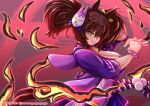  1girl absurdres animal_ears breasts brown_hair chest_sarashi cleavage commentary_request fangs fox_mask green_eyes grin hair_between_eyes highres horse_ears horse_girl horse_tail inari_one_(edomurasaki)_(umamusume) inari_one_(umamusume) japanese_clothes kimono kouhaku_nawa large_breasts looking_at_viewer mask mask_on_head open_mouth purple_kimono rope rururugegegege sarashi scrunchie shimenawa smile solo tail teeth twintails umamusume wrist_scrunchie 