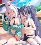  2girls absurdres aris_(blue_archive) barefoot beach beach_towel belt_collar bikini black_bikini blue_archive blue_eyes blue_hair blue_halo breasts coat collar commentary drooling flat_chest food hair_between_eyes halo harveythenerdy headband highres jewelry kei_(blue_archive) legband long_hair long_hair_between_eyes maid maid_bikini midriff mouth_drool multiple_girls nail_polish navel necklace open_clothes open_coat open_mouth pink_halo ponytail popsicle rectangular_halo red_eyes sidelocks small_breasts smile swimsuit thighhighs toenail_polish toenails towel unconventional_maid white_hair 