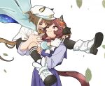  2girls animal_ears arms_around_neck ascot black_shorts black_socks blue_cape bow braid braided_hair_rings bright_pupils brown_hair cape carrying cheval_grand_(grand_itineraire)_(umamusume) cheval_grand_(umamusume) closed_eyes dot_nose ear_covers ear_ornament ears_through_headwear falling_leaves floating_cape floating_hair gentildonna_(umamusume) gloves hair_rings hat hat_belt heart-shaped_ornament heart_ear_ornament highres horse_ears horse_girl horse_tail jacket leaf light_blush low_block_heels lower_teeth_only multicolored_hair multiple_girls one_eye_closed open_mouth peaked_cap pleated_skirt purple_sailor_collar purple_serafuku red_eyes sailor_collar school_uniform serafuku shoes short_hair shorts shoulder_carry simple_background single_glove single_hair_streak skirt smile socks streaked_hair strong tail teeth tracen_school_uniform umamusume white_background white_bow white_gloves white_hat white_jacket white_pupils white_shoes white_streaks yano_(edbr1022) yellow_ascot 