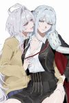  2girls ahoge black_bow blue_eyes bow braid breasts commentary_request fate/grand_order fate_(series) grey_hair hair_bow highres koani11111 large_breasts long_hair looking_at_another looking_at_viewer medium_breasts merlin_(fate/prototype) morgan_le_fay_(fate) morgan_le_fay_(fgo_fes._2026)_(fate) multiple_girls open_mouth pink_eyes pointy_ears ponytail sidelocks smile very_long_hair white_hair yuri 