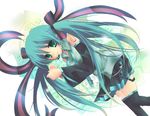  aqua_hair bad_id bad_pixiv_id beamed_eighth_notes detached_sleeves eighth_note green_eyes hair_ribbon hatsune_miku headset long_hair lying musical_note pochi-t quarter_note ribbon sheet_music skirt solo thighhighs twintails vocaloid zettai_ryouiki 