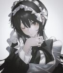  1girl apron black_dress black_hair black_ribbon bow bowtie crescent crescent_earrings dress ear_piercing earrings fov_ps frilled_apron frills hair_between_eyes hair_ribbon jewelry looking_at_viewer maid maid_headdress multiple_rings one_eye_closed original piercing puffy_sleeves ribbon ring white_apron wrist_cuffs 