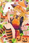  1girl :p acorn adapted_costume black_shirt blonde_hair brown_hat candy commentary_request dot_nose flower fly_agaric food frog hair_ribbon halloween halloween_bucket hat highres holding holding_candy holding_food holding_lollipop jack-o'-lantern kneehighs leaf lollipop long_sleeves lotus medium_hair mishaguji miyabiii_oekaki moriya_suwako mushroom orange_skirt orange_vest red_ribbon ribbon shirt sitting skirt socks striped_clothes striped_socks tongue tongue_out touhou turtleneck turtleneck_shirt vest wide_sleeves yellow_eyes 