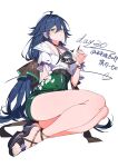  1girl absurdres ahoge bare_legs bare_shoulders black_shoes blue_hair censored chinese_commentary collarbone commentary_request expressionless floral_print from_side full_body green_eyes green_nails green_shorts hair_between_eyes high-waist_shorts highres holding holding_leaf juliet_sleeves lawine_(strinova) leaf legs_together long_hair long_sleeves looking_at_viewer looking_to_the_side low_ponytail nail_polish novelty_censor plantar_flexion ponytail poxiao_buff print_shorts puffy_sleeves sandals shirt shoes short_sleeves shorts signature simple_background single_off_shoulder sitting solo strinova toenail_polish toenails very_long_hair white_background white_shirt 