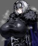  1girl armor breasts cape commentary expressionless fate/samurai_remnant fate_(series) highres huge_breasts jeanne_d'arc_alter_(fate) jeanne_d'arc_alter_(lancer)_(fate) looking_at_viewer maabo_harusame nervous nervous_sweating short_hair simple_background solo steam steaming_body sweat sweatdrop tomboy white_hair yellow_eyes 