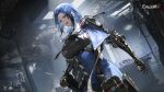  1girl ammunition_pouch armor black_gloves blue_dress blue_eyes blue_hair blue_nails breastplate breasts copyright_notice dalanxia detached_collar dp-12_(girls'_frontline) dress dutch_angle girls'_frontline girls'_frontline_2:_exilium gloves gun hair_over_shoulder helen_(girls'_frontline_2) highres huge_breasts indoors long_hair nail_polish necktie official_art open_mouth partially_fingerless_gloves planted_gun pouch pump_action shotgun smile standard_manufacturing_dp-12 weapon 