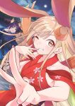  3girls ahoge animal_ear_fluff animal_ears blonde_hair blue_kimono blue_nails blush braid brown_eyes brown_hair chamaaaaaax cho_kaguya-hime! clenched_teeth clothing_cutout colored_inner_hair commentary_request crescent crescent_hair_ornament forehead_jewel fox_ears fox_girl full_body green_eyes hair_ornament highres isayama_mami japanese_clothes kaguya_(cho_kaguya-hime!) kimono long_hair medium_hair multicolored_hair multiple_girls nail_polish one_eye_closed open_mouth pink_nails purple_hair rabbit_ears rabbit_girl red_kimono sakayori_iroha shoulder_cutout single_braid teeth w 