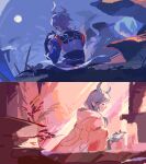  1boy 1girl armlet bare_shoulders black_corset black_gloves black_tunic blue_horns blue_scales blue_shirt blue_skin blue_sky book book_stack bracelet braid brother_and_sister character_name chinese_commentary cliff cloak clothing_cutout collared_shirt colored_extremities colored_skin commentary_request contrast_collar corset desk dragon_boy dragon_girl dragon_horns dragon_tail expressionless facepaint fingernails from_behind from_side full_moon gloves gold_armlet gold_bracelet gold_ring grass grey_hair hair_over_shoulder hair_ribbon hair_rings high_collar highres holding holding_instrument hood hood_down hooded_cloak horns indoors infinity_nikki instrument jewelry letter light_rays long_hair medael_(infinity_nikki) meghill_(infinity_nikki) moon multicolored_skin night nikki_(series) ocarina outdoors painterly parksolian_(infinity_nikki) plant playing_instrument pointy_ears pointy_nose potted_plant quill red_ribbon ribbon sharp_fingernails shirt shoulder_cutout siblings single_braid sitting sky split_theme sunset tail tail_ornament tail_ribbon tsuki0219 tunic two-tone_skin vest white_cloak white_vest 