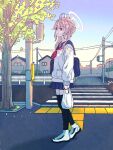  1girl absurdres ahoge aqua_shoes bag black_shoes black_thighhighs blue_archive blue_sailor_collar blue_skirt blue_sky building bush buttons cable cardigan cityscape colored_inner_animal_ears commentary_request crosswalk dappled_sunlight expressionless facing_to_the_side falling_leaves fence full_body halo highres holding holding_bag house jacket leaf long_hair long_sleeves looking_to_the_side multicolored_shoes multicolored_sky natsu_(blue_archive) neckerchief pedestrian_crossing_sign pink_hair pink_halo pleated_skirt pocket red_eyes red_neckerchief road road_sign sailor_collar scenery school_uniform shirt shoes side_ponytail sidewalk sign skirt sky sneakers solo standing sunlight sunset thighhighs thighs traffic_light tree user_tgce3488 walking white_cardigan white_halo white_shirt white_shoes wire yellow_sky 