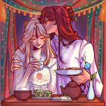  2girls beidou_(genshin_impact) blue_flower bowl brown_hair closed_eyes closed_mouth commentary english_commentary flower food_request genshin_impact hair_ornament hand_on_another's_shoulder highres holding holding_plate indoors kissing_head long_hair losstfrost multiple_girls ningguang_(genshin_impact) plate rice robe smile tassel tassel_hair_ornament teapot vase white_hair white_robe yuri 