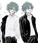  1boy alternate_costume belt_collar black_jacket black_pants blowing_bubble_gum chewing_gum closed_mouth clothes_on_and_off collar commentary_request dress_shirt gakuran genshin_impact hair_between_eyes jacket jewelry korean_commentary lohen_(genshin_impact) looking_at_viewer male_focus mole mole_under_eye multiple_views necklace open_clothes open_jacket pants purple_eyes r1tsuk1o school_uniform shirt shirt_tucked_in sketch suit_jacket teeth 