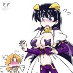  2girls angel_wings arato_nagi artist_name bat_brooch black_hair blush breasts bridal_gauntlets commentary_request corset cosplay cross cross-shaped_pupils cross_facial_mark cross_pasties dodo_(yad-ddi) earrings facial_mark forward-facing_horns gloves head_wings highres horns jewelry large_breasts lowleg lowleg_pants magia_baiser magia_baiser_(cosplay) mahou_shoujo_ni_akogarete multiple_girls navel orange_hair pants pasties purple_corset purple_eyes purple_gloves purple_nails purple_pants revealing_clothes ruri_no_houseki showgirl_skirt shrug_(clothing) simple_background stomach stud_earrings symbol-shaped_pupils tanigawa_ruri twitter_username white_background white_shrug wings yellow_horns 
