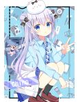  1girl :o absurdres animal animal_charm animal_on_head bag bag_charm black_bow black_socks blue_background blue_eyes blue_hair blue_necktie blue_shirt blue_skirt blush border bow brown_shoes casual character_name charm_(object) clothes_around_waist collared_shirt commentary_request diagonal-striped_clothes diagonal-striped_necktie double_bun fingernails full_body gochuumon_wa_usagi_desu_ka? hair_between_eyes hair_bow hair_bun hair_ornament hairclip hand_up highres kafuu_chino loafers long_hair long_sleeves looking_at_viewer nail_polish necktie on_head plaid_clothes plaid_skirt pleated_skirt rabbit rabbit_charm rabbit_hair_ornament rabbit_on_head ryoutan school_bag shirt shoes skirt socks solo squatting striped_clothes striped_necktie tippy_(gochiusa) v very_long_hair white_border x_hair_ornament 