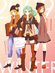  3girls alternate_hairstyle bag beanie blonde_hair blue_eyes boots brown_hair casual coma_(fginiy) fashion green_hair hat hatsune_miku highres kagamine_rin meiko multiple_girls navel red_eyes shopping shopping_bag thighhighs urban_style vocaloid 