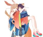  2girls absurdres animal_ears blue_hoodie blue_kimono blue_nails blush brown_eyes brown_hair carrying cho_kaguya-hime! closed_mouth clothing_cutout colored_inner_hair commentary crescent crescent_hair_ornament egasumi english_commentary forehead_jewel fox_ears fox_girl fox_tail green_eyes hair_ornament highres hood hood_down hoodie japanese_clothes kaguya_(cho_kaguya-hime!) kimono long_hair long_sleeves multicolored_hair multiple_girls nail_polish open_mouth pink_shoes princess_carry rabbit_ears rabbit_girl red_kimono sakayori_iroha shoes shoulder_cutout simple_background tail teeth white_background yang1901 yuri 