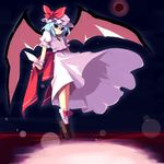  bat_wings blue_hair flying hat highres lake moon night red_eyes red_moon remilia_scarlet ribbon shin_(new) short_hair solo touhou wings 