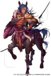  1boy animal_ears arm_out_of_sleeve blue_eyes blue_hair bodypaint centaur commentary_request dark-skinned_male dark_skin full_body hand_on_own_hip horse_ears japanese_clothes kimono long_hair looking_at_viewer male_focus monster_boy original phima purple_kimono simple_background solo taur toned toned_male white_background yuba_no_shirushi 