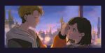  1boy 1girl :d adjusting_another's_hair backlighting blonde_hair blue_sky blurry blurry_background blush bob_cut border brown_hair cityscape closed_eyes commentary_request curtained_hair dusk embarrassed es_limi facing_another from_side grey_eyes grin hair_behind_ear hand_up hetero highres hood hood_down hooded_sweater jacket long_sleeves looking_at_another multicolored_hair multicolored_jacket nishi_natsumi open_mouth outdoors parted_bangs parted_hair purple_border seihantai_na_kimi_to_boku short_hair sky smile sweater two-tone_hair undercut upper_body very_short_hair white_sweater yamada_kentarou 