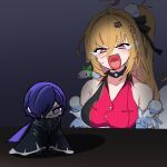  2girls ahoge angry_sex animal bare_shoulders black_cloak blonde_hair blush breasts chalky_(zenless_zone_zero) chibi cissia_(zenless_zone_zero) cloak closed_mouth commentary detached_sleeves fangs hair_between_eyes hair_ornament hair_over_one_eye hairclip highres large_breasts long_hair multiple_girls open_mouth pom_pom_(clothes) pom_pom_hair_ornament promeia_(zenless_zone_zero) purple_eyes purple_hair red_eyes shock_collar snake snake_girl snake_tail tail tears umashika_(horsedeer) untranslatable_commentary white_snake zenless_zone_zero 