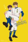  2boys ace_of_diamond baseball_uniform black-framed_eyewear black_shoes black_socks blue_socks blush brown_hair buttons carrying character_name closed_eyes commentary english_commentary fingernails full_body glasses happy_birthday heart highres kneehighs looking_at_another male_focus miyuki_kazuya multiple_boys nume_x open_mouth outline pants pants_tucked_in princess_carry sawamura_eijun shoes short_hair simple_background socks sportswear standing teeth twitter_username v-shaped_eyebrows white_outline white_pants yaoi yellow_background 