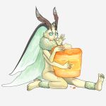  1boy antennae arthropod_boy awii blue_eyes cake colored_skin commentary_request eating extra_arms food full_body green_skin grey_background holding holding_food insect_wings luna_moth male_focus monster_boy moth_antennae moth_boy moth_wings neck_fur original simple_background sitting solo wings 