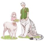  1boy 1girl ahoge alternate_costume animal_ears blush breast_pocket breasts brown_hair centauroid collared_shirt commentary danganronpa_(series) danganronpa_2:_goodbye_despair eating english_commentary green_shirt grey_hair highres hinata_hajime hinata_hajime_(awakened) holding june777th llama_girl medium_breasts medium_hair monsterification nanami_chiaki open_clothes open_shirt pink_shirt pocket red_eyes shirt short_hair short_sleeves simple_background standing tail taur tiger_boy tiger_ears tiger_tail white_background 