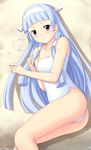  bangs blue_hair blunt_bangs hair_tubes hairband kannagi long_hair lying nagi on_side one-piece_swimsuit purple_eyes sand shiou_tsuyukusa solo swimsuit 