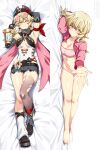  1girl alternate_costume asymmetrical_legwear black_gloves black_hat black_shoes black_shorts black_thighhighs blonde_hair braid braided_hair_rings breasts crop_top dakimakura_(medium) eyewear_on_head genshin_impact gloves goggles goggles_on_head hair_rings hat highres jahoda_(genshin_impact) leg_warmers lindaroze long_hair long_sleeves looking_at_viewer lying mechanical_arms offering_hand on_back on_side one_eye_closed pink-tinted_eyewear pink_shirt prosthesis prosthetic_arm shirt shoes shorts single_mechanical_arm single_thighhigh smile star-shaped_pupils star_(symbol) symbol-shaped_pupils thighhighs tinted_eyewear torn_clothes torn_thighhighs twin_braids v v-shaped_eyebrows white_leg_warmers white_shirt yellow_eyes 