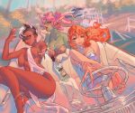  3girls absurdres breasts car car_interior cat colored_skin dark-skinned_female dark_skin double_bun dr_altruist dress driving green_skin hair_bun heart_hair_bun high_heels highres large_breasts long_hair meme mohawk motor_vehicle multiple_girls old_lady_steering_wheel_(meme) orange_hair original steering_wheel 