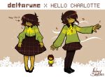  1other androgynous arrow_(symbol) black_shoes border brown_background brown_hair brown_pants brown_skirt buttoned_cuffs buttons charlotte_wiltshire charlotte_wiltshire_(cosplay) cherry_blossoms closed_mouth collared_shirt colored_skin commentary contrast_collar copyright_logo copyright_name cosplay covered_eyes crossover deltarune dress_shoes english_commentary english_text falling_leaves flower green_shirt hello_charlotte highres holding_own_skirt kris_(deltarune) leaf logo long_sleeves medium_hair multiple_views nalaxysketches neck_ribbon official_art_inset open_mouth other_focus outstretched_arm pants plaid_clothes plaid_skirt pleated_skirt ribbon shaded_face shirt shirt_tucked_in shoes signature single_horizontal_stripe skirt sparkle sparkling_aura striped_clothes striped_shirt utdr_(toby_fox) white_border white_flower yellow_ribbon yellow_skin 