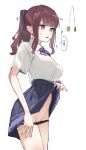  1girl ? @_@ absurdres afterimage black_panties blue_skirt bow bowtie breasts brown_hair cevio coin coin_on_string commentary_request cowboy_shot groin hair_bow highres hypnosis lifting_own_clothes medium_breasts medium_hair mind_control mole mole_under_eye motion_lines natsuki_karin navel open_mouth panties panty_pull ponytail purple_eyes school_uniform scrunchie shirt shirt_tucked_in short_sleeves simple_background skirt solo speech_bubble speed_lines sweatdrop synthesizer_v translation_request underwear uranosebi white_background white_shirt wrist_scrunchie 