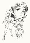  1970s_(style) 1980s_(style) 3girls absurdres artist_name commentary_request dated earth_federation faux_retro_artstyle fraw_bow gundam highres laylafgore military_rank_insignia military_uniform mirai_yashima mobile_suit_gundam monochrome multiple_girls retro_artstyle sayla_mass scan science_fiction signature sketch soldier traditional_media unfinished white_background 