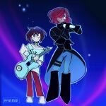  2girls alien_stage black_boots black_coat black_gloves black_hair blue_background blue_eyes boots coat commentary cosplay english_commentary freddie_(alien_stage) gloves grey_pants guitar hair_over_one_eye highres holding holding_guitar holding_instrument instrument ivan_(alien_stage) ivan_(alien_stage)_(cosplay) microphone multicolored_eyes multiple_girls pants pomni_(the_amazing_digital_circus) ragatha_(the_amazing_digital_circus) red_eyes red_hair red_pants shirt short_hair signature the_amazing_digital_circus thigh_strap till_(alien_stage) till_(alien_stage)_(cosplay) two-tone_eyes white_shirt yurikaur 