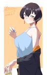  1girl absurdres black_hair black_jacket blue_camisole border breasts brown_eyes camisole chang_chin-lan closed_mouth commentary_request cup dated earrings highres holding holding_cup jacket jewelry kamiina_botan_yoeru_sugata_wa_yuri_no_hana looking_at_viewer myxl ring short_hair signature simple_background solo white_border yellow_background 