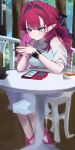  1girl absurdres alternate_costume baobhan_sith_(fate) black_nails breasts commentary_request contemporary fate/grand_order fate_(series) grey_eyes hair_intakes highres large_breasts long_hair ma_ple phone pink_hair pointy_ears sitting solo unfinished wristband 