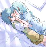  2girls absurdres aqua_hair bang_dream! bang_dream!_girls_band_party! blue_shirt blush brown_skirt brown_sweater_vest commentary_request green_eyes hanasakigawa_school_uniform haneoka_school_uniform highres hikawa_hina hikawa_sayo incest korean_commentary long_hair lying medium_hair multiple_girls one_eye_covered open_mouth plaid_clothes plaid_skirt pleated_skirt school_uniform shirt short_sleeves siblings skirt sweater_vest twincest twins white_shirt yuri zihacheol 