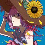  1girl alternate_costume awoito_(tsurubami_jiguro) beads black-framed_eyewear blue_background bracelet commentary_request dress fate/grand_order fate_(series) flower glasses hair_over_one_eye hand_on_headwear hat hat_flower highres jewelry looking_at_viewer mash_kyrielight petals pink_hair purple_eyes short_hair simple_background solo straw_hat sun_hat sunflower upper_body yellow_flower 