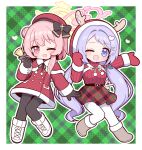  2girls :d ;d antlers bell black_bow black_gloves black_pantyhose blue_archive blue_eyes blue_hair boots bow capelet chibi commentary_request dress fake_antlers fang feather_hair gloves green_background grey_boots hair_bow hair_bun hair_ornament halo hanae_(blue_archive) hanae_(christmas)_(blue_archive) hat heart heart_hair_ornament highres holding holding_bell hood hood_up horns long_hair long_sleeves looking_at_viewer miniskirt mittens multiple_girls naga_u official_alternate_costume one_eye_closed open_mouth outline pantyhose pink_eyes pink_hair pink_halo plaid_background plaid_clothes plaid_skirt purple_hair red_capelet red_dress red_hat red_hood red_mittens red_skirt red_sweater reindeer_antlers revision santa_costume santa_dress serina_(blue_archive) serina_(christmas)_(blue_archive) short_hair single_side_bun skin_fang skirt smile sweater very_long_hair white_boots white_outline white_pantyhose yellow_halo 