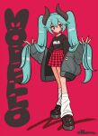  1girl black_choker black_horns black_nails black_shirt black_shoes blue_hair character_name choker closed_mouth clothes_writing commentary_request commission fingernails full_body grey_jacket heart heart-shaped_pupils heart_choker highres holding_own_hair horns jacket leg_warmers long_fingernails looking_at_viewer miniskirt morello_(morellostorment) nail_polish norixio off_shoulder open_clothes open_jacket original pink_background pink_eyes pink_skirt plaid_clothes plaid_skirt platform_shoes pleated_skirt shirt shirt_tucked_in shoes skeb_commission skirt solo standing symbol-shaped_pupils twintails twitter_username white_leg_warmers 