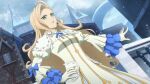  1girl artist_request blonde_hair breasts building city cloud cloudy_sky cowboy_shot day dress game_asset gloves gold_trim green_eyes hand_on_own_hip long_hair looking_ahead official_art open_mouth outdoors sky snow snowing solo standing tales_of_(series) tales_of_berseria tales_of_the_rays teresa_linares third-party_source white_dress white_gloves 