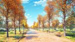  absurdres autumn autumn_leaves bench blue_sky brick_road cloud commentary_request day highres lamppost landscape leaf midia_(pixiv_207339) no_humans original outdoors park park_bench scenery shade sky tree tree_shade 