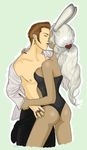  1boy 1girl animal_ears ass balflear balthier bunny_ears couple dark_skin earrings female final_fantasy final_fantasy_xii fran hetero jewelry kiss long_hair male nipples open_clothes open_shirt shirt shirtless short_hair straight white_hair 