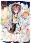  1boy arms_up ba_kanoko bat_ornament belt belt_collar black_collar black_hair black_neckerchief black_skirt blue_jacket blush border bottle bound bound_arms bound_wrists brown_eyes buttons candy chest_tattoo closed_mouth collar commentary_request crossdressing crossdressing_(mtf) crossed_wrists feet_out_of_frame food gatchaman_crowds glasses hair_between_eyes jacket jelly_bean kneehighs leg_belt long_sleeves looking_at_viewer lying male_focus miniskirt neckerchief ninomiya_rui on_back open_clothes open_jacket pleated_skirt red-framed_eyewear ribbed_socks ribbon ribbon_bondage school_uniform serafuku shirt single_sock skirt skull_tattoo socks solo spiked_collar spikes straight-on tattoo thigh_belt thigh_strap translated trap white_border white_shirt white_socks yellow_neckerchief 