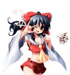  \m/ armpits black_hair blonde_hair blush fang hakurei_reimu hat kirisame_marisa macross macross_frontier multiple_girls one_eye_closed parody red_eyes ribbon seikan_hikou shin_(new) touhou 