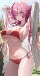  1girl :q absurdres armpits arms_behind_head arms_up bikini blue_archive breasts cleavage commentary dress_shirt gradient_hair green_eyes halo halterneck hanako_(blue_archive) hanako_(swimsuit)_(blue_archive) highres large_breasts multicolored_hair navel nyo2_ng official_alternate_costume open_clothes open_shirt oversized_clothes oversized_shirt pink_hair red_bikini shirt side-tie_bikini_bottom skindentation solo stomach string_bikini swimsuit thighs tongue tongue_out triangle_bikini_top underboob white_shirt 